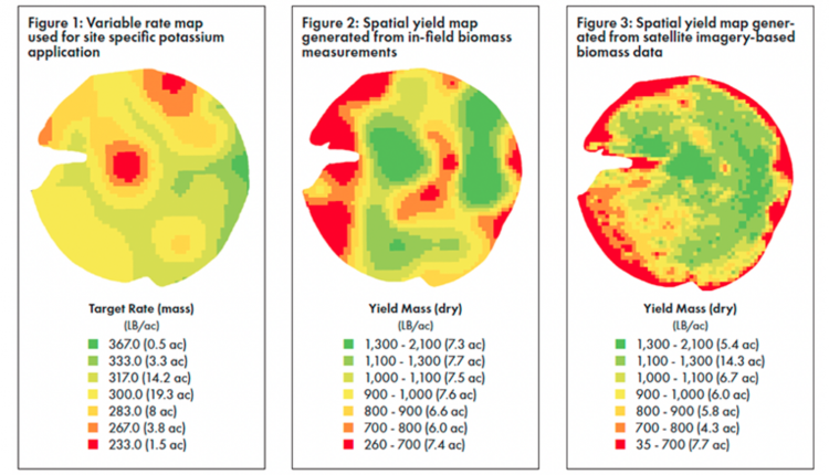 Yield maps generated from both the in-field data (Figure 2) and the satellite imagery (Figure 3) showed significant yield variability 