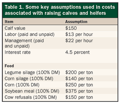 Key assumptions used in costs associated with raising calves and heifers